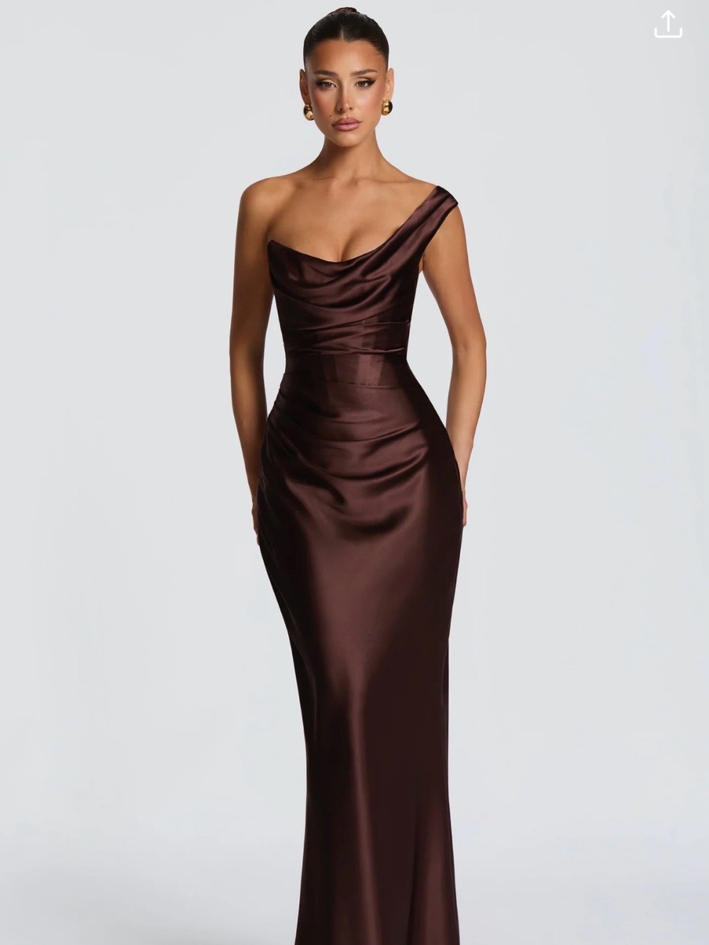 One-Shoulder Satin Evening Gown in Rich Chocolate Brown